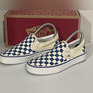 Vans Shoes Womens 6.5 Classic Slip On Sneakers Checkerboard Blue Low Top In Box